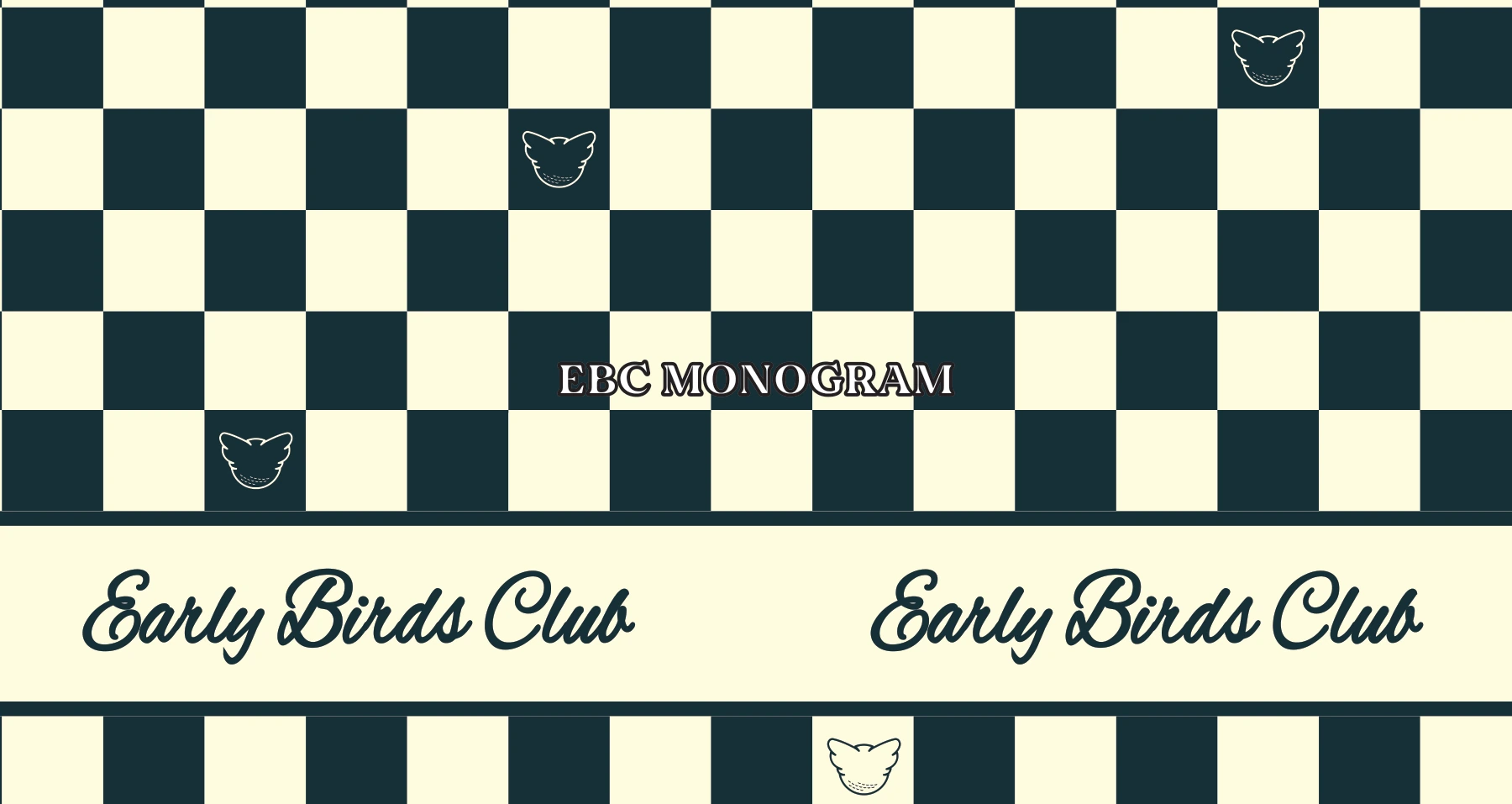 Cream and dark green checkerboard Early Birds Club identity