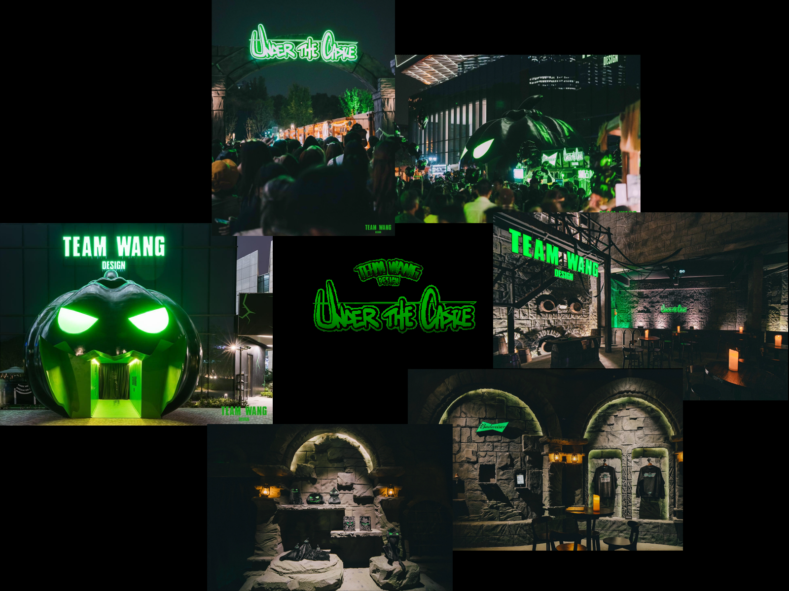 Under the Castle event collage: green pumpkin installation, entrance crowds, TEAM WANG DESIGN signage and medieval exhibition interiors