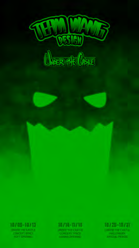 Neon green pumpkin face with TEAM WANG DESIGN campaign lockup