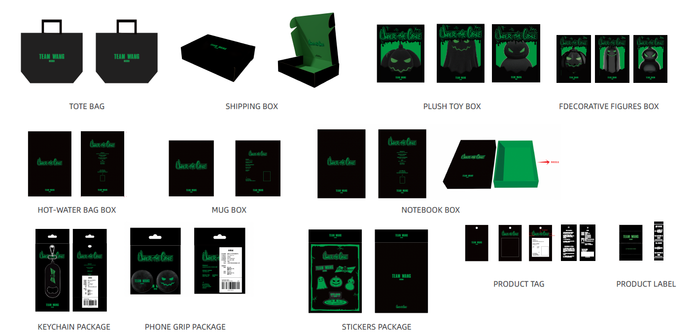 Original black and green campaign packaging: tote bag, shipping box, product boxes, stickers, tags and labels