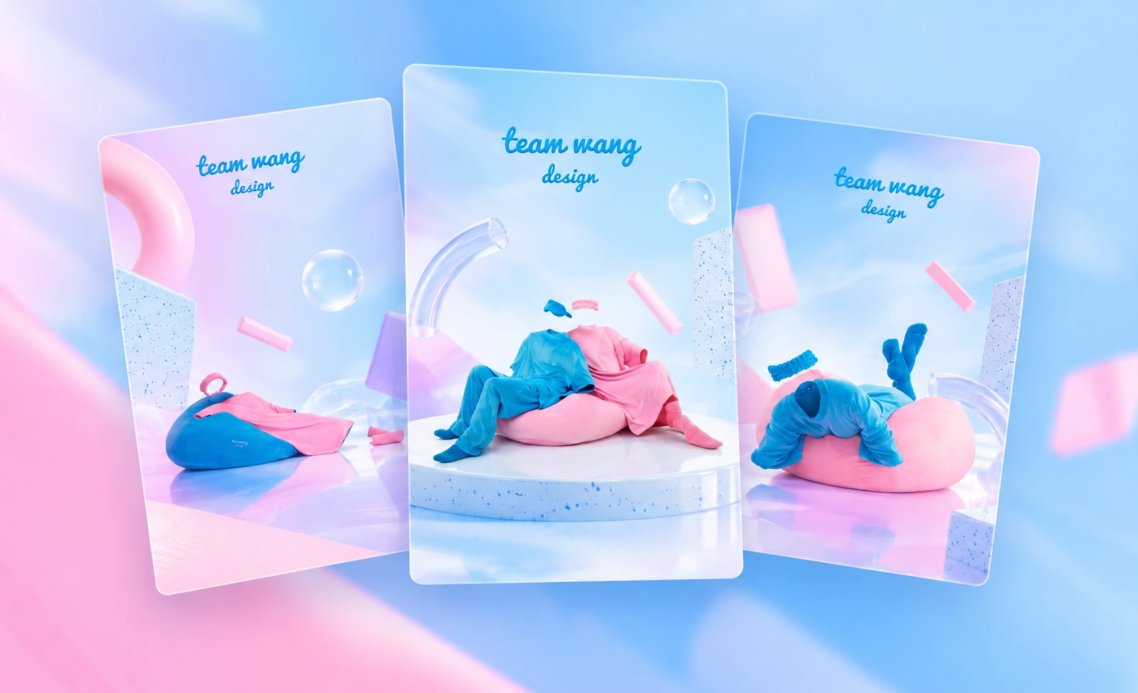 TEAM WANG DESIGN: three translucent glass photography cards with blue and pink fashion compositions