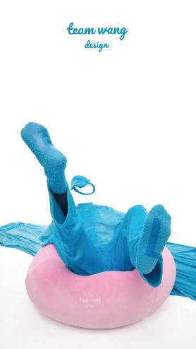 Blue garments raised above a rounded pink form
